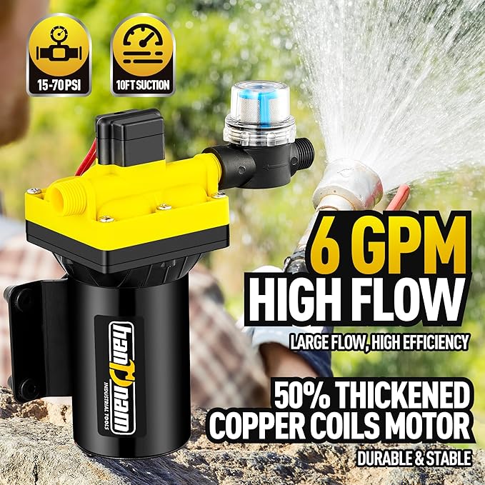 2026 Upgraded RV Water Pump, 12V 6.0 GPM High-Flow, Ultra-Quiet 70 PSI Self-Priming Diaphragm Pump with Adjustable Pressure Switch & Strainer for RV, Marine, Camper, Boat (Run-Dry Safe)