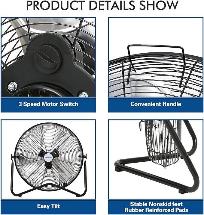 BILT HARD 20" High Velocity Floor Fan, 4600 CFM 3-Speed Industrial Shop Fan with Wall-Mounting System, Heavy Duty Metal Fan for Garage Workshop and Warehouse, 2 Pack