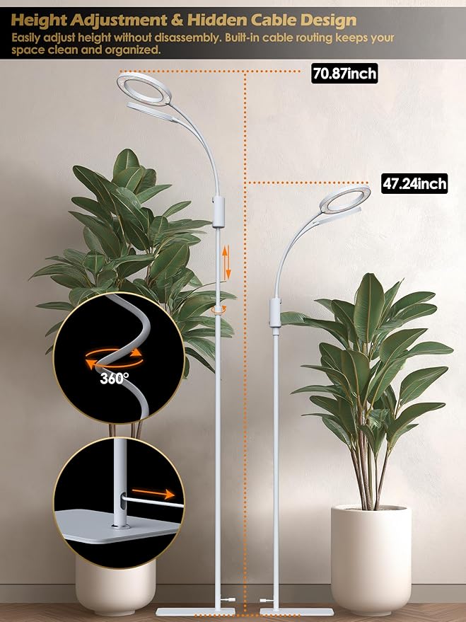 Smart Grow Lights for Indoor Plants, 48W Plant Light with Auto-Timer, Full Spectrum LED Grow Light, Adjustable Height & Stepless Dimming,Plant Assistant Suitable for Most Plants (White(Dual Heads))