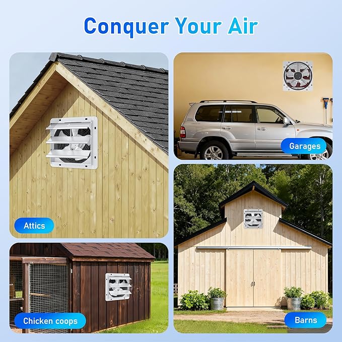 14 Inch Shutter Exhaust Fan, High-Speed 2000CFM Low Noise Attic Fan, Automatic Shutter, Ventilation and Cooling Vent Fan for Greenhouses, Garages, Shop, Chicken Coops, Gable, Shed