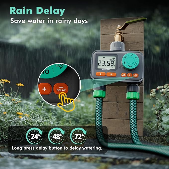 RESTMO 2-Zone Sprinkler Timer with 3 Separate Programs, 7-Day Programmable Water Timer for Garden Hose, Automatic Control/Manual/Rain Delay, Ideal for Drip Irrigation and Lawn Watering System