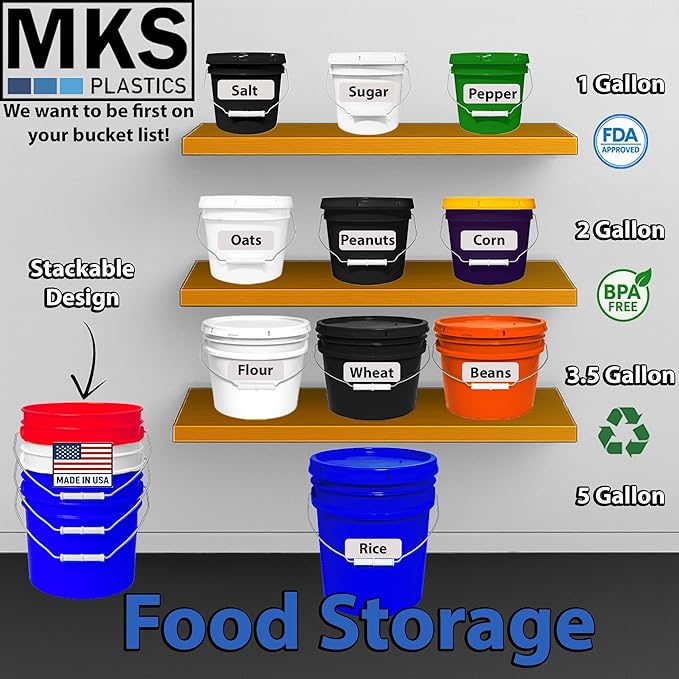 MKS Plastics 5-Gallon Bucket with Airtight Lid – Made in USA, Food Grade BPA Free Plastic, Heavy Duty Multi-Use, Metal Handle with Grip, Stackable Storage – Blue, 1 Pack