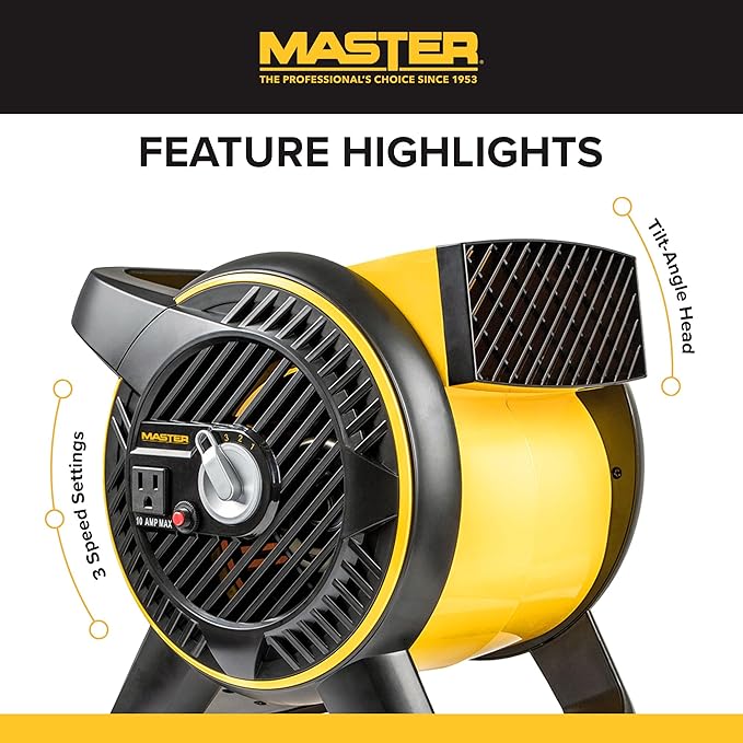 Master Heavy Duty Utility Blower, 3 Speed Portable Floor Fan with Outlet & Pivoting Head for Home & Garage Cooling, Drying and Air Circulation