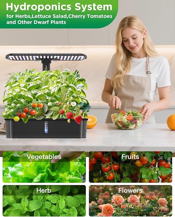 Hydroponics Growing System Kits,Smart Indoor Herb Garden with 24W LED Grow Light Planting Height Adjustablewith,12 Pods Plant Germination Kit,with Quiet Pump, Ideal Gift for All Ages