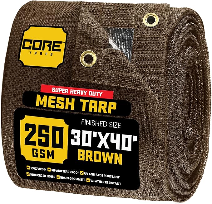 Core Tarps 60% Brown Shade Cloth with Grommets - 30 X 40 FT Heavy Duty Mesh Tarp - Sun Shade Cloth for Garden Vegetables Plants Greenhouse Outdoors Backyard Fences Dump Trucks Patio Mesh Shade Tarp