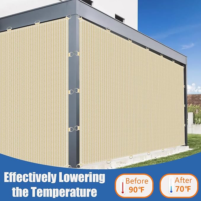 POYEE 90% 8x15ft Sun Shade Cloth with Reinforced Corner Webbing & D-Rings, Pergola Shade Cover – Breathable 200GSM HDPE Fabric for Patio, Garden, Deck & Backyard (Beige)