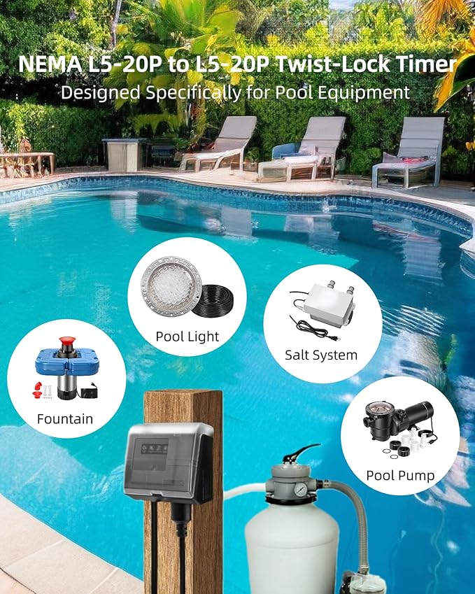 WiFi Pool Pump Timer Outlet, 20A 125V 1HP,Twist-Lock NEMA L5-20R Plug-in Timer, Outdoor& Indoor use,with Weatherproof Cover, for Pool Pump, Water Heater, Pool Filter, Landscape Lights