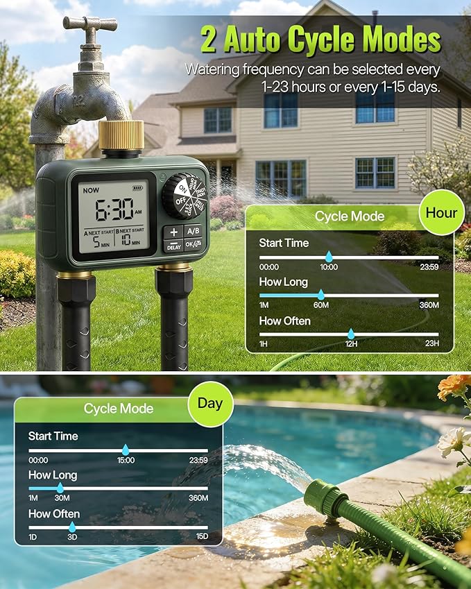 Brass Sprinkler Timer with Swivel, Programmable Water Timer for Garden Hose with Auto/Manual/Rain Delay Watering, Digital Irrigation System Kit,for Garden, Yard, Lawn 2 Outlet F12WT06