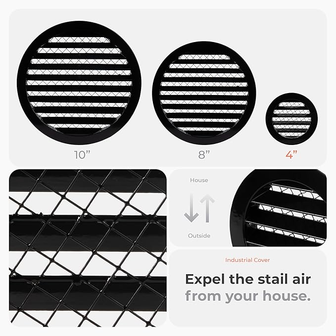 4" Inch Register Vent Cover - Round Aluminum Return Air Vent Cover - Soffit Exhaust Vent - Aluminum Mesh - Grill Cover/Dryer Vent Cover for House, Bathroom, Garage Ventilation - Gable Vent