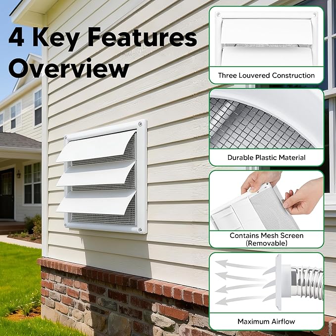 Funmit 6" Louvered Vent Cover 8" x 8" Oversize Outside Dimensions for 6 inches Dia Exterior Wall Vent Hood Outlet Airflow Vent Dryer Air Vent (White)