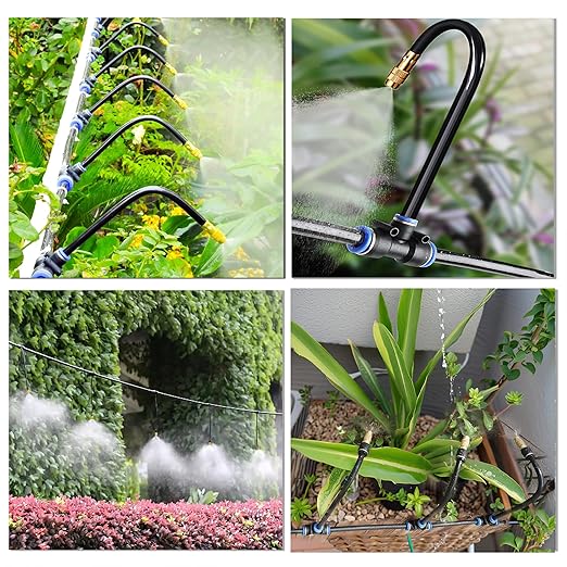 Dianrui Drip Irrigation System—50FT 1/4" Garden Watering System with 16pcs Copper Nozzles, 360° Curved Garden Automatic Irrigation System for Garden/Lawn/Greenhouse/Raised Beds/Outdoor Plants