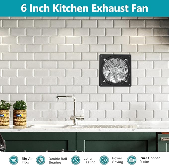 HG Power 6 Inch Exhaust Fan with Switch, Powerful Kitchen Exhaust Fan with Damper, Potable Window Exhaust Fans, Small Fume Extractor Ventilation Fan for Attic, Shop, Smoking Room, Garage