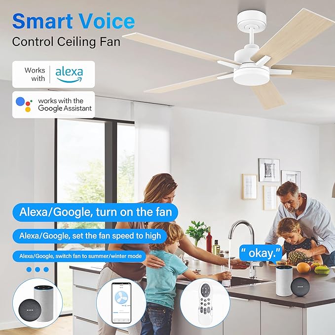 Lorpies 52” Smart Ceiling Fan with Lights Remote,Voice Control via Alexa Google WIFI App,Ultra Quiet DC Motor,Outdoor Indoor Modern Ceiling Fans,6-Speed for Bedroom Patio Porch,White and Wood Color