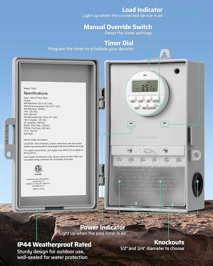 DEWENWILS Pool Pump Timer, Digital Timer Box, 2HP 40A 120-277 VAC, 7-Day 20 ON/Off Programmable Timer Switch for Water Heater, Pool Pump, SPA, Motor, ETL Listed Gray