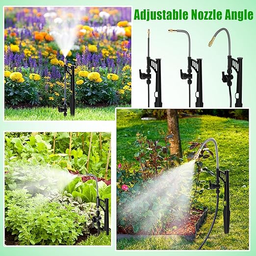 15 Sets 360° Adjustable Irrigation Misting Heads with Stake Micro Spray Emitters with 1/4" Irrigation Tubing on Riser Stake,Automatic Atomizing Sprinkler Stake Assembly for Garden Watering System