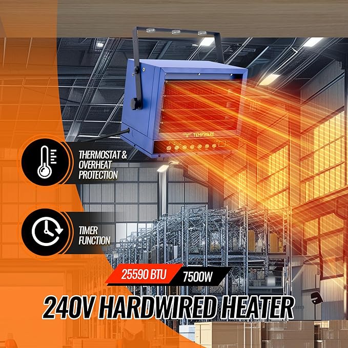 TEMPWARE 7500W Electric Garage Heater, 240V Hardwired Digital Ceiling Mount Fan-Forced Shop Heater with Full-Function Remote and 12-Hour Timer, Ideal for Workshop Warehouse