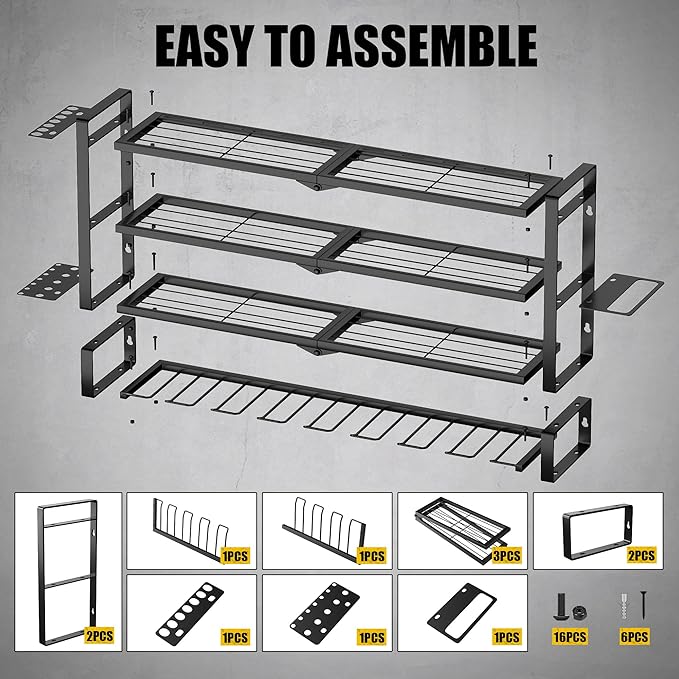 MOOMSINE Large Power Tool Organizer Wall Mount, 4-Tier Heavy Duty Metal Storage Rack Loads 400lbs, Battery Tools Hanger with 8 Cordless Drill Holder for Garage, Workshop, Pegboard, Shed