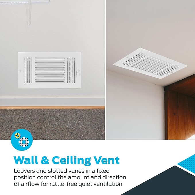 EZ-FLO 12 x 6 Inch (Duct Opening) Air Vent Cover for Wall or Ceiling, Three-Way Ventilation Register, Solid Steel HVAC Register Cover, White, 61615