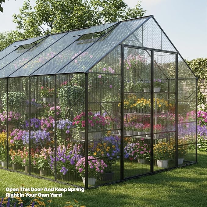 Kingdura 10x10ft Walk-in Greenhouse for Outdoors, Large Polycarbonate Greenhouses with Heavy Duty Aluminum Frame, Adjustable Roof Vent, Lockable Door, UV Protection for Outside Garden Backyard