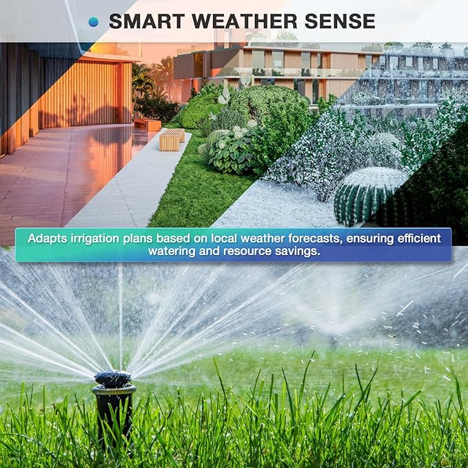 6 Zone Smart Sprinkler Controller with Local Weather Intelligence and Atmosphere Lights, Automated Watering and App Control WiFi Irrigation System, Save Water Through Rain Skip