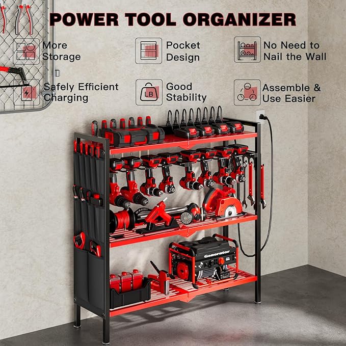 NattyDot Large Power Tool Organizer Cart with Charging Station 8 Drill Holder Garage Storage Standing Heavy Duty and Stability Storage Rack Utility Tool Shelf (Red)