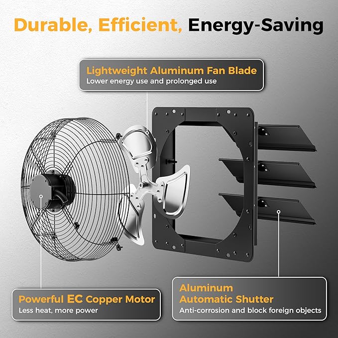 CAMMOO 14 Inch EC Motor Shutter Exhaust Fan, 6 Inch Large Touchscreen Controller for Temp Humidity and Speed Control, 10-Speed Wall Mount Fan for Attic, Greenhouse, Garage, Chicken Coop Ventilation