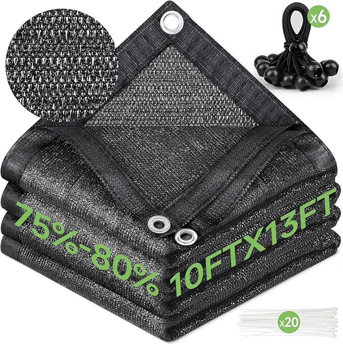 FOTMISHU 75%-80% Sunblock Shade Cloth Anti-Aging 10ftx13ft Sun Mesh UV Resistant Net, Garden Shade Mesh Tarp for Plant Cover, Greenhouse, Barn or Kennel, Flowers, Plants, Used for 3 Years or Even Long