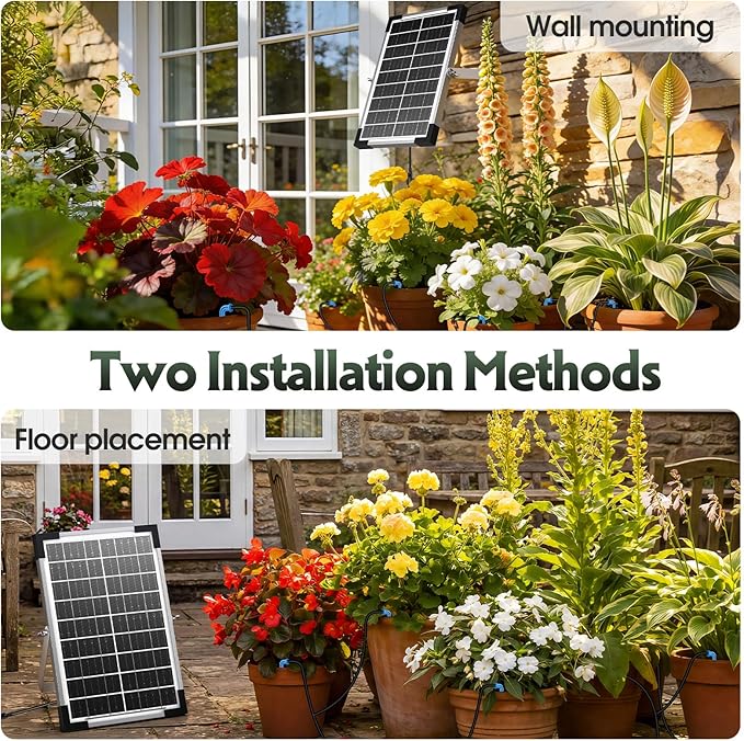 8W Solar Drip Irrigation System for Gardens, DIY Automatic Drip Kit, Supports Watering 30 Pots, Includes 35m Drip Hose and 30 Emitters Suitable for Gardens/Greenhouses/Outdoor Irrigation Timer