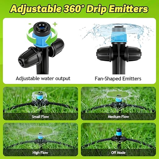 26pcs Two-Way Drip Emitters Fan Shape with Stake for 1/4" Irrigation Tubing, Adjustable 360 Degree Water Flow Irrigation Vortex Sprayer Garden Irrigation Dripper for Watering System