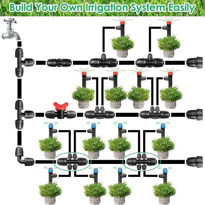 JAYEE Drip Irrigation Fittings, 12 Pcs Lock Barbed Six Way Connectors for 1/2 to 1/4 Inch Vinyl Tubing, Drip Line Parts 6-Way Reducing Tees Irrigation Kits for Drip Sprinkler Garden Lawn Systems