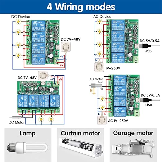 DieseRC 4 Channels WiFi Smart Switch with Bluetooth Transmitter, DC 5V 12V 24V 36V Passive Output Relay Module Ewelink APP WiFi Control Compatible with Alexa/Google Home, Inching/Self-Locking Switch