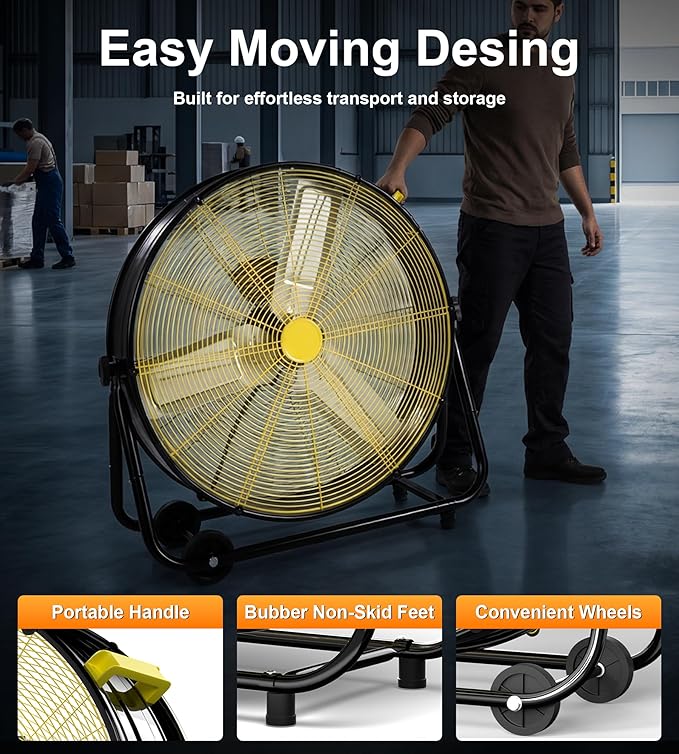 AKIRES 30IN Industrial Floor Drum Fan,14,000CFM High Velocity Heavy Duty Shop Fan with 360° Tilt,Handle,500W High Velocity Drum Fan for Garage,Basement,Warehouse,Patio,Factory,Workshop,Commercial Use