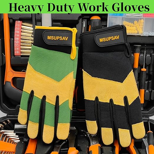 2 Pairs Multi-purpose Mechanics Work Gloves,Utility Mechanic Working Glove Men,Excellent Grip,Black+Green,Large