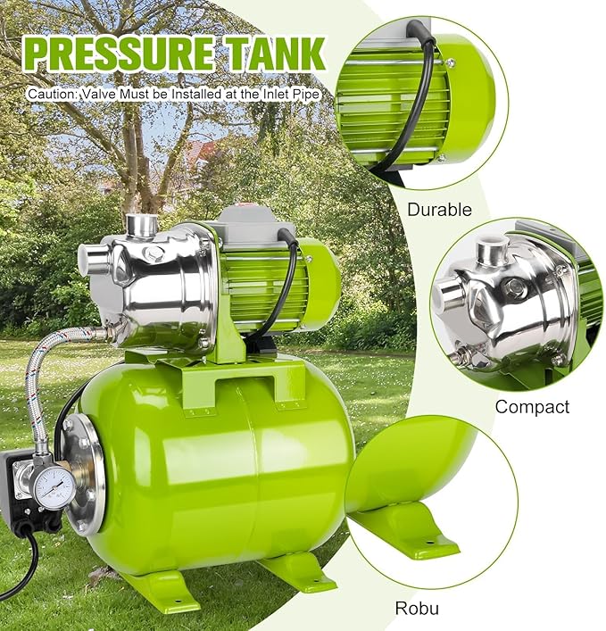 3/4HP Shallow Well Pump with Pressure Tank, 115V, Stainless Steel Irrigation, Automatic Water Booster Jet Pump for Home, Garden, and Lawn Use – Reliable Water Supply Solution