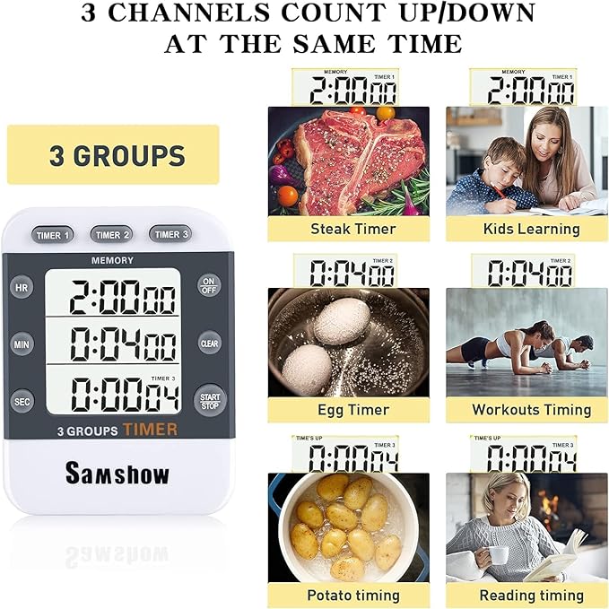 (2 Pack) Digital Kitchen Timers for Cooking Triple Timer Count UP/Down Dual Timer Large LCD Display, Adjustable Volume Loud Alarm, Magnetic Stopwatch, Battery Included White