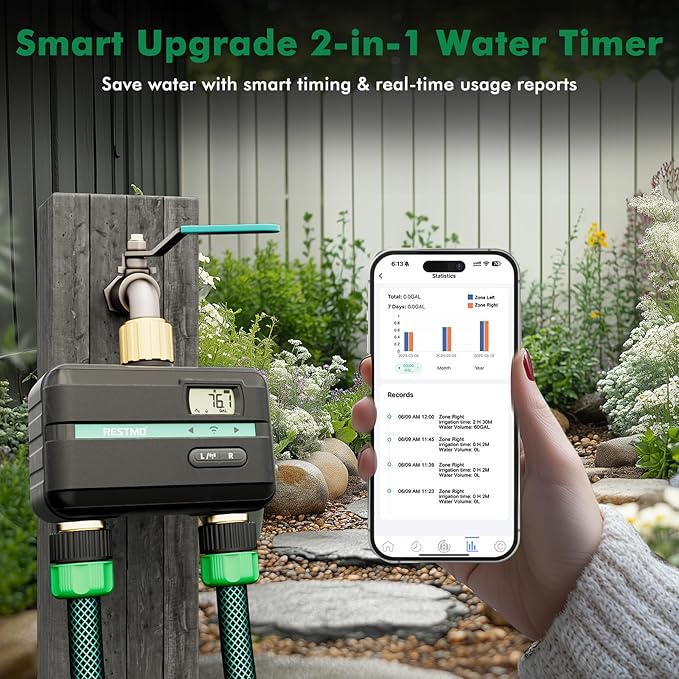 RESTMO 2 Zone Smart Sprinkler Hose Timer with Flow Meter, Brass Water Timer for Garden Hose with APP Remote Control (2.4GHz WiFi Connection), Automatic Drip Irrigation System for Lawn, Yard