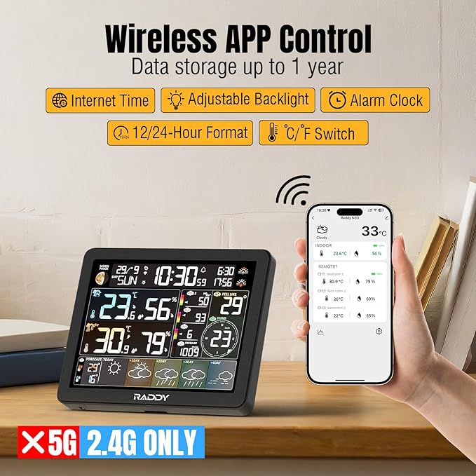 Raddy N80 Smart Wi-Fi Weather Station with APP Control, Indoor Outdoor Thermometer Wireless with 8 Inch Large Display, Sunset/Sunrise Time, PM2.5/AQI, UV Index, 4 Alarm Clock