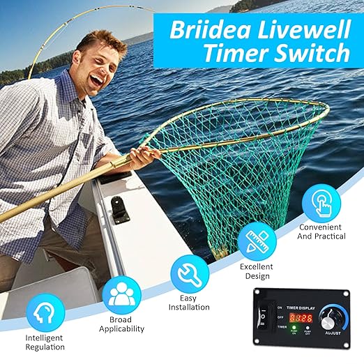 Briidea 12V Smart Livewell Aerator Timer with LED Screen, Auto/Manual Modes, Waterproof Corrosion-Resistant Metal Panel, Precise Oxygen Control in Fishing Boats & Bait Tanks