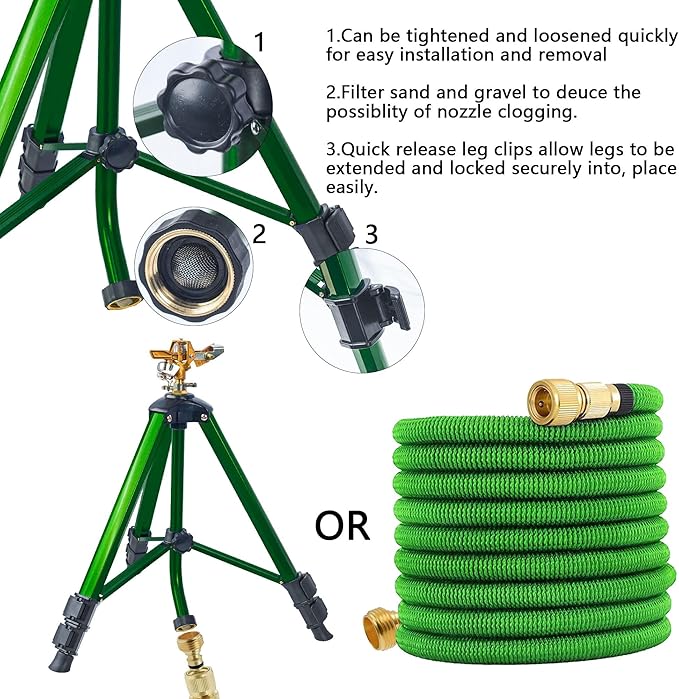 Hourleey Impact Sprinkler on Tripod Base, 6 Pack Heavy Duty Sprinklers for Lawn Yard Garden, 0-360 Degree Large Area Coverage, 3/4 Inch Connector Extension Legs Flip Locks with Brass Head