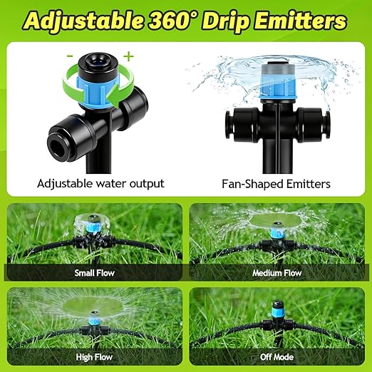 20 Pack Two Way Quick Connect Drip Emitters Set for 1/4" Irrigation Tubing, Adjustable 360 Degree Water Flow Irrigation Sprayer Vortex Emitter+Stream Dripper for Garden Watering System