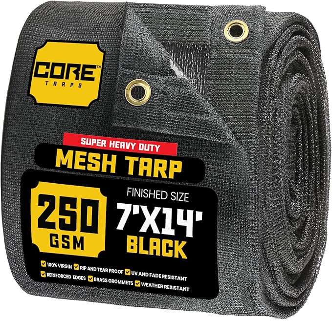 Core Tarps 60% Black Shade Cloth with Grommets - 7 X 14 FT Heavy Duty Mesh Tarp - Sun Shade Cloth for Garden Vegetables Plants Greenhouse Outdoors Backyard Fences Dump Trucks Patio Mesh Shade Tarp