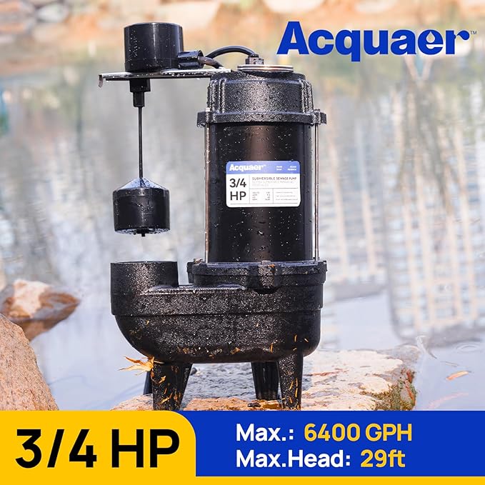 Acquaer Sewage Pump Submersible Water Pump with Automatic Float Switch, for Sump Basin, Residential Sewage, Black, 2'' NPT 3/4 HP 6400 GPH Vert. Float