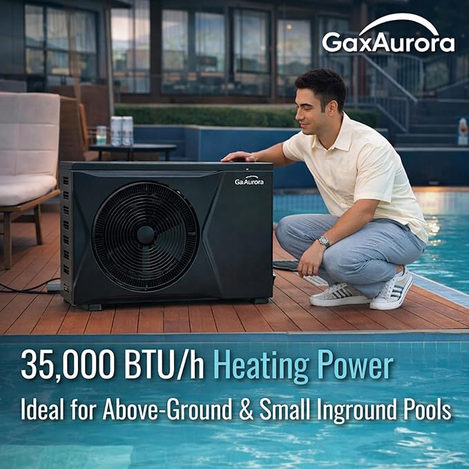 35,000 BTU/h Pool Heat Pump Heater with Wi-Fi App Control, 115V Plug & Play, Titanium Heat Exchanger, Quiet High-Efficiency Heating for Above-Ground/Small Inground Pools up to 9,000 Gallons