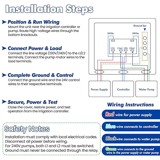 Irrigation Pump Start Relay, 24V AC, 25A, for 1-2 HP at 120V/240V, Waterproof IP65 Enclosure