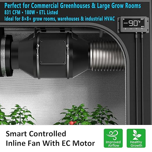 Toolazy 8 Inch Inline Duct Fan with WiFi App Control, 831 CFM Quiet EC Motor Ventilation Fan with Temperature Humidity Sensor, Smart Exhaust Fan for Large Grow Tent, Hydroponics, HVAC, Commercial Use