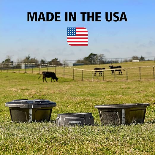 Rubbermaid Commercial Products Brute 1.25-Gallon Tip-Resistant Animal Pan Feeder with Tie-Down Slots, RigidCell Construction, Made in USA for Livestock & Small Animals