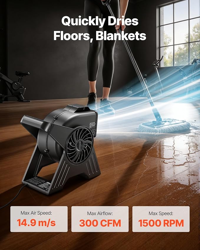 VEVOR Blower Fan, 13 in Portable Utility Floor Fan, 300 CFM, 3 Speeds, Multi-Angle Airflow, Lightweight Portable High Velocity Air Mover, for Drying, Dehumidifying, Carpets, Air Circulation, Cooling