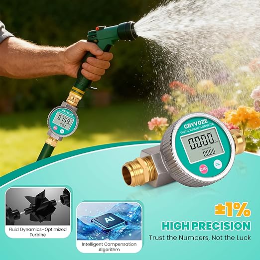 Metal Water Flow Meter, 3/4" GHT Garden Hose Flowmeter with Brass Thread and Large Screen for RV, Pool, House, Lawn Sprinkler and Outdoor Watering – Supports Gallon, Liter, GPM and LPM