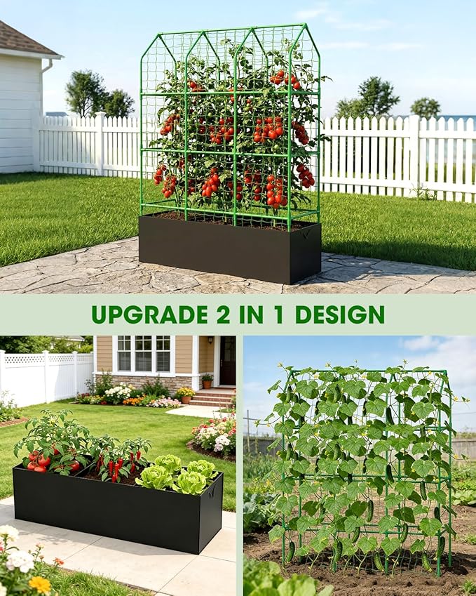 65" Cucumber Planter with Trellis for Climbing Plants Outdoor, Metal Garden Trellis for Raised Bed, Plant Support Structures with Netting for Cucumbers Tomatoes Beans Peas (50 * 17 * 65inch(L*W*H)