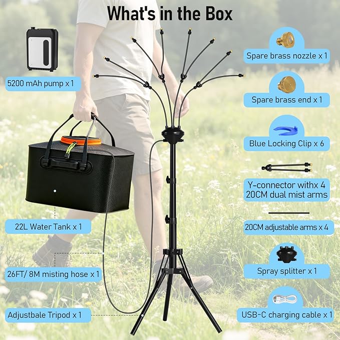 Bonviee 5.3 FT Standing Misters for Outside Patio- Portable Standing Mister Kit with Adjustable Tripod, 22L Water Tank & Rechargeable Pump, 8 Adjustable Nozzles with Flexible Arms for Outdoor Cooling